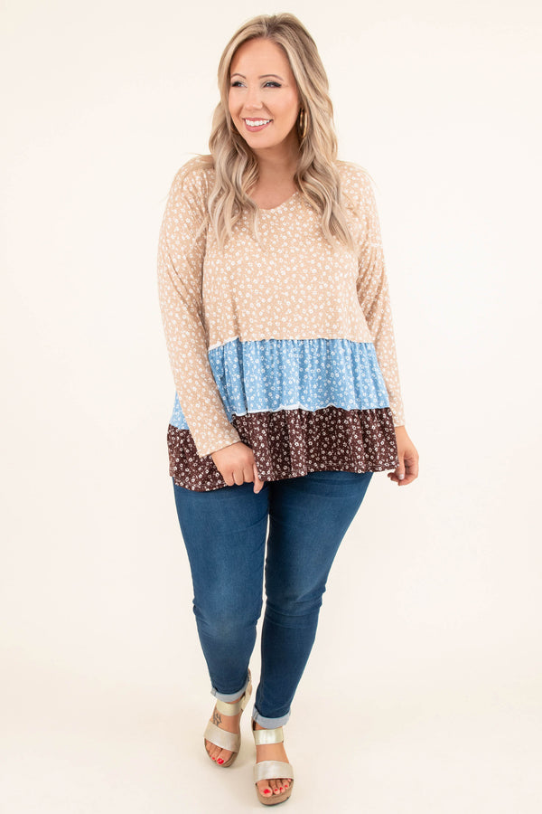 Chic Soul plus size clothing, beige blue brown long sleeve top