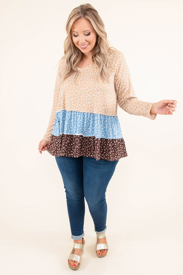 Chic Soul plus size clothing, beige blue brown long sleeve top