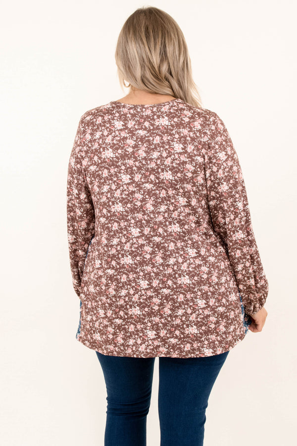 Chic Soul plus size clothing, brown blue long bubble sleeve v neck top with floral pattern