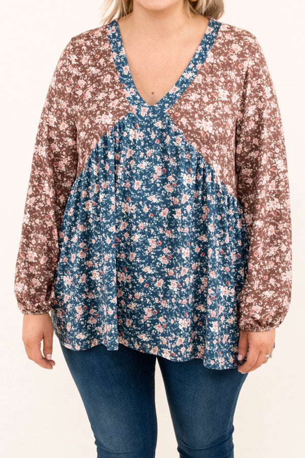 Chic Soul plus size clothing, brown blue long bubble sleeve v neck top with floral pattern