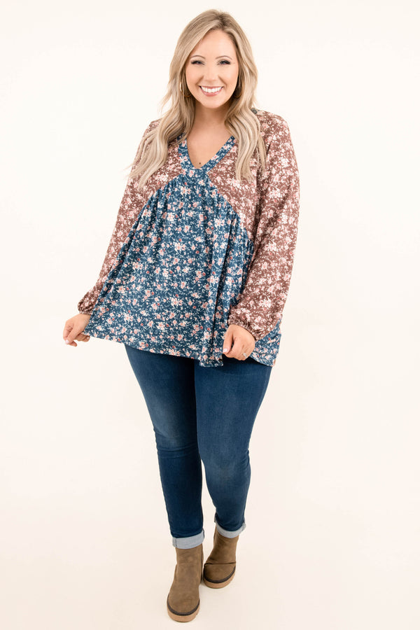 Chic Soul plus size clothing, brown blue long bubble sleeve v neck top with floral pattern