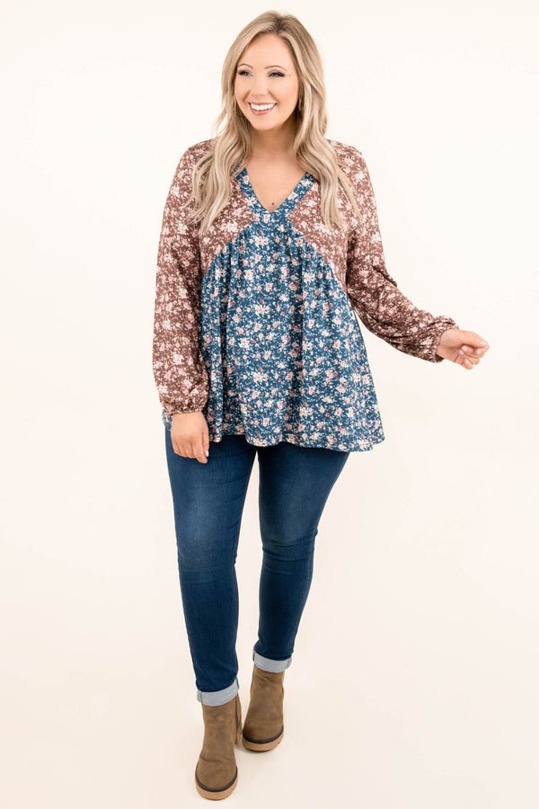 Chic Soul plus size clothing, brown blue long bubble sleeve v neck top with floral pattern