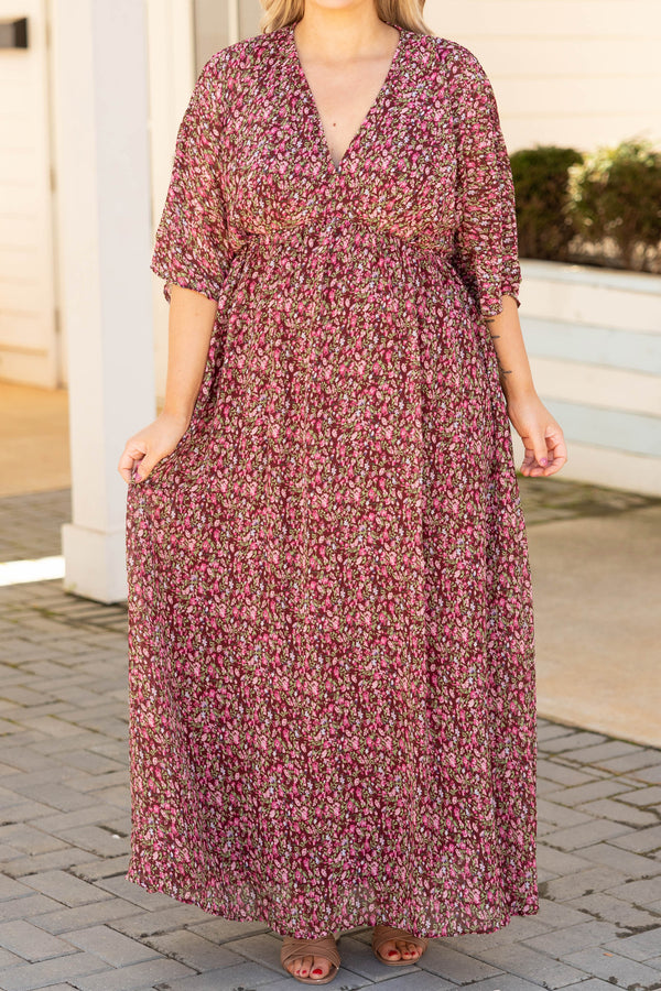 Chic Soul plus size clothing, burgundy floral v neck half sleeve casual maxi dress
