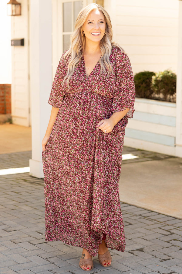 Chic Soul plus size clothing, burgundy floral v neck half sleeve casual maxi dress