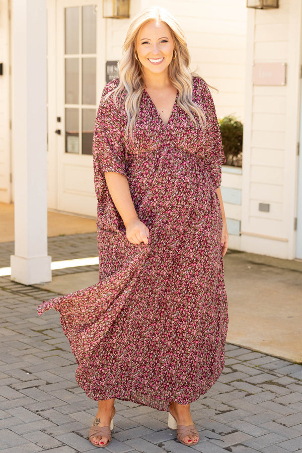 Chic Soul plus size clothing, burgundy floral v neck half sleeve casual maxi dress