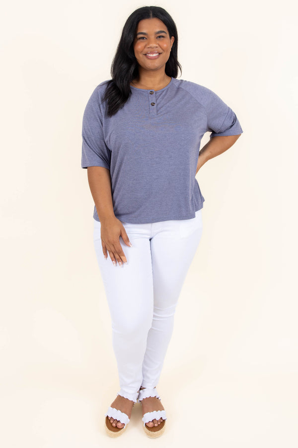 Chic Soul plus size clothing, denim blue top with half length sleeves