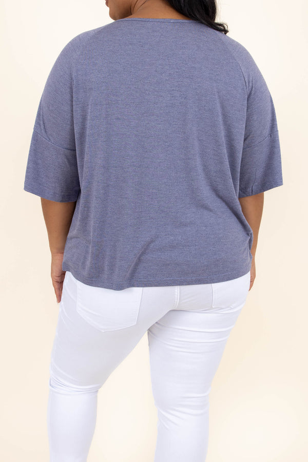 Chic Soul plus size clothing, denim blue top with half length sleeves