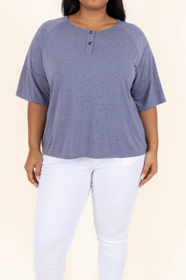 Chic Soul plus size clothing, denim blue top with half length sleeves