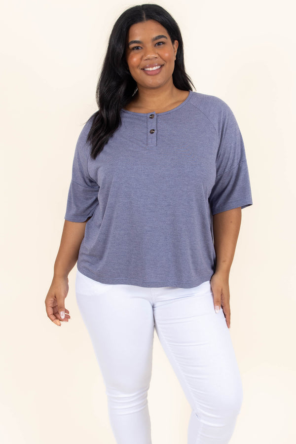 Chic Soul plus size clothing, denim blue top with half length sleeves
