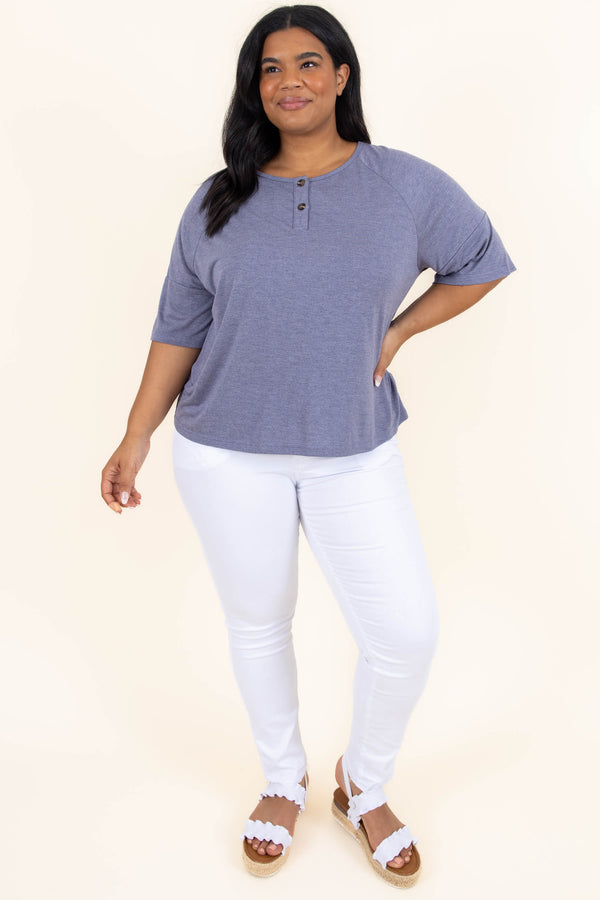 Chic Soul plus size clothing, denim blue top with half length sleeves