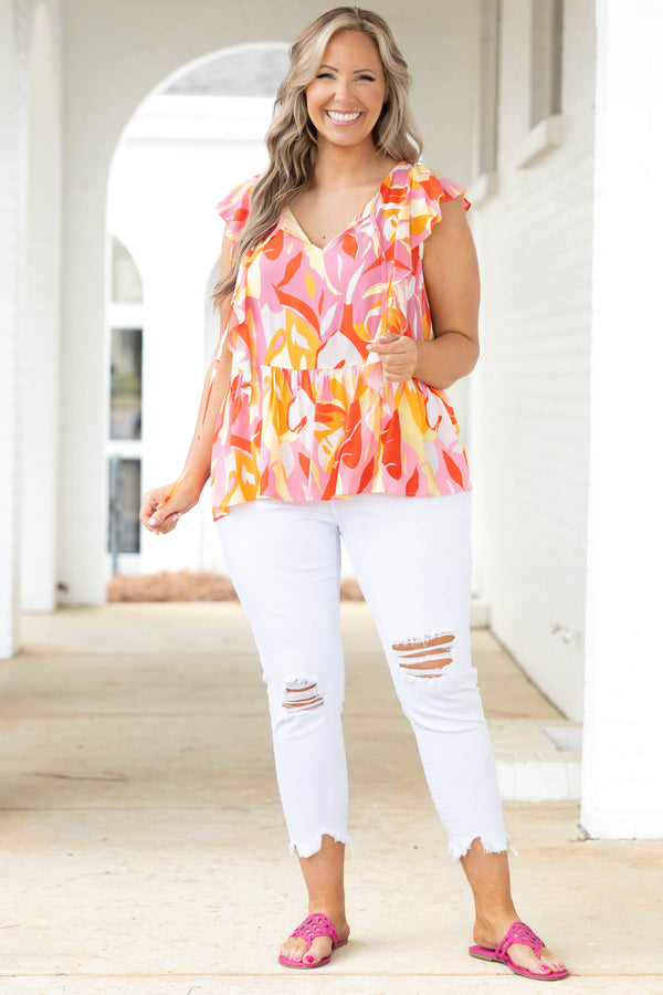 Chic Soul plus size clothing, multicolor abstract pattern babydoll style top with flutter sleeves