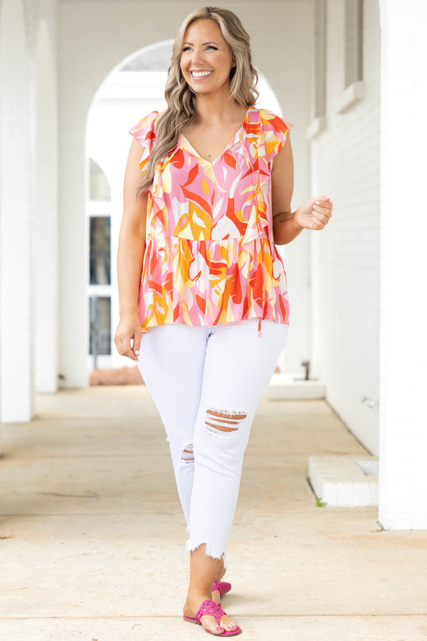 Chic Soul plus size clothing, multicolor abstract pattern babydoll style top with flutter sleeves