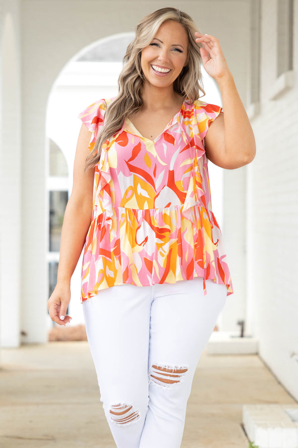 Chic Soul plus size clothing, multicolor abstract pattern babydoll style top with flutter sleeves