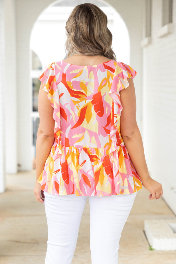 Chic Soul plus size clothing, multicolor abstract pattern babydoll style top with flutter sleeves