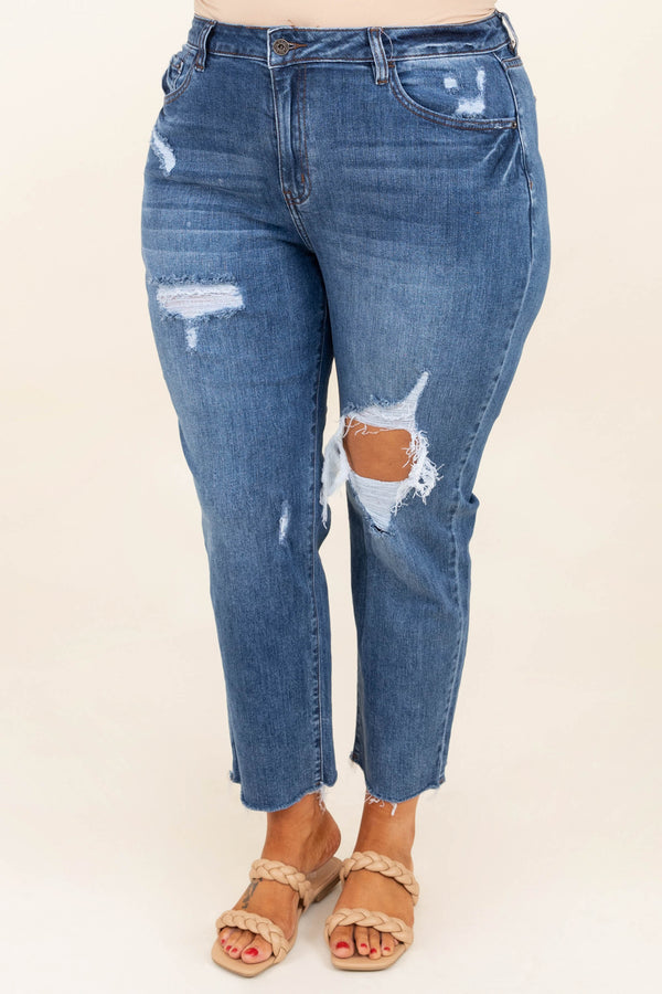Chic Soul plus size clothing, dark wash high waisted distressed denim jeans 
