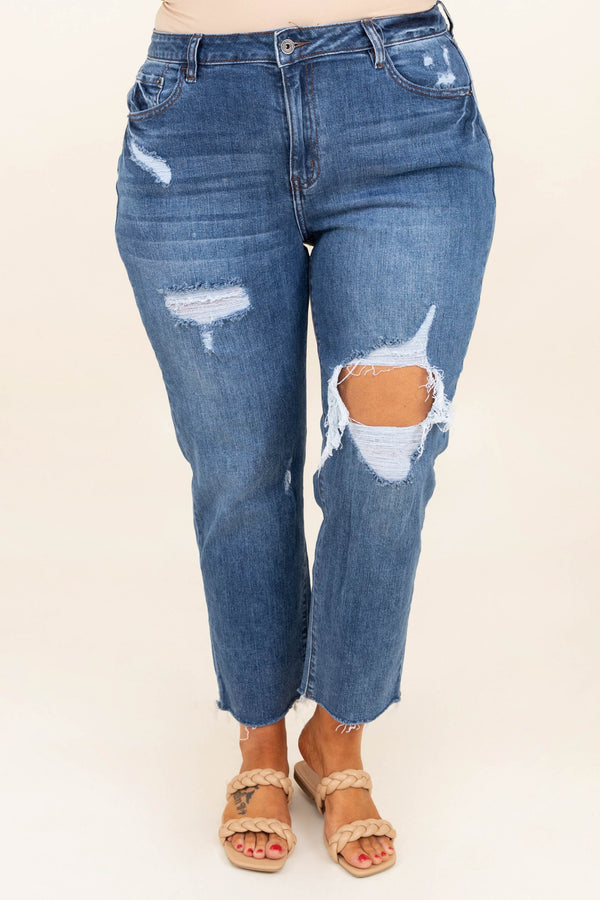 Chic Soul plus size clothing, dark wash high waisted distressed denim jeans 