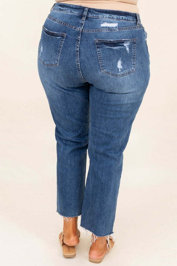 Chic Soul plus size clothing, dark wash high waisted distressed denim jeans 