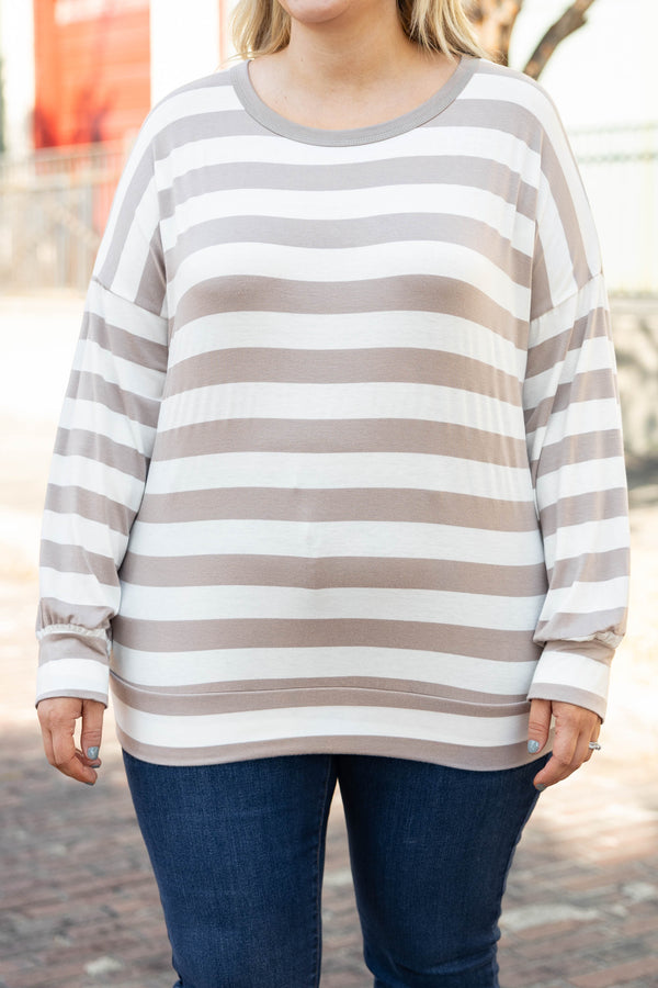 Chic Soul plus size clothing, mocha and white stripped long sleeve casual top