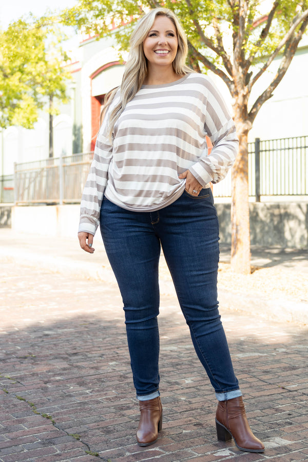 Chic Soul plus size clothing, mocha and white stripped long sleeve casual top