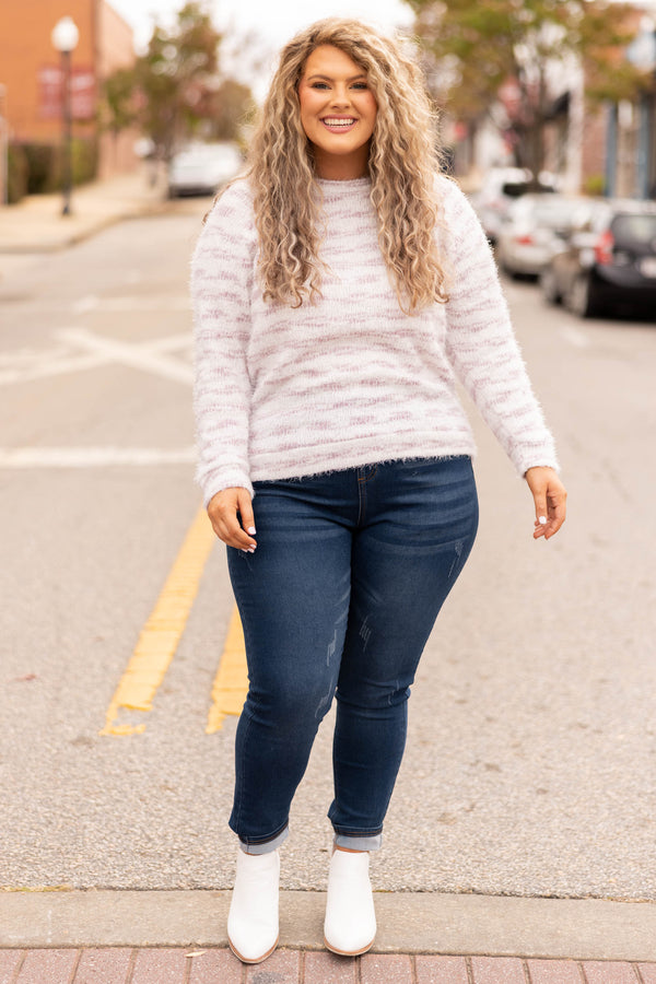 Chic Soul plus size clothing, lavender and white sweater