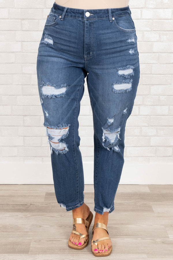 Chic Soul plus size clothing, medium wash distressed mom jeans