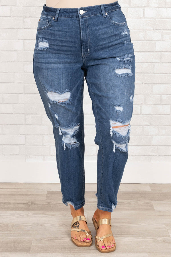 Chic Soul plus size clothing, medium wash distressed mom jeans