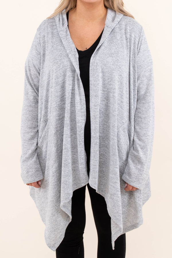 Chic Soul plus size clothing, gray long sleeve hooded cardigan with pockets