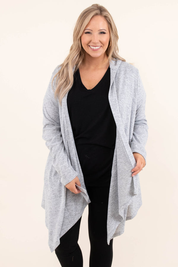 Chic Soul plus size clothing, gray long sleeve hooded cardigan with pockets