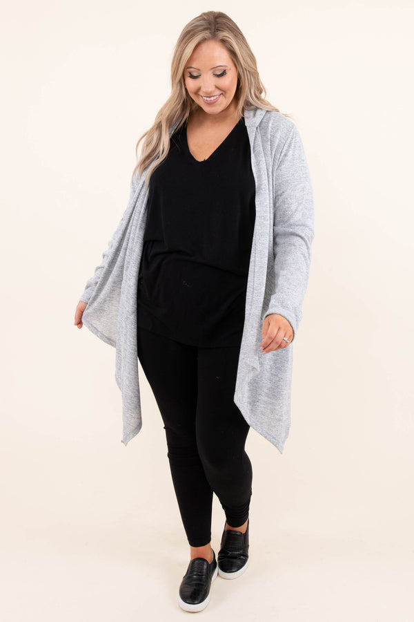 Chic Soul plus size clothing, gray long sleeve hooded cardigan with pockets