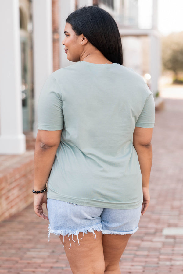 Chic Soul plus size clothing, dusty blue t shirt with palm leaves graphic