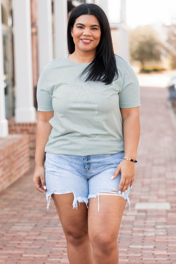 Chic Soul plus size clothing, dusty blue t shirt with palm leaves graphic