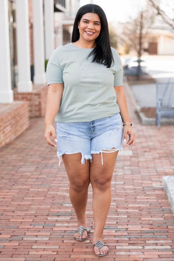 Chic Soul plus size clothing, dusty blue t shirt with palm leaves graphic