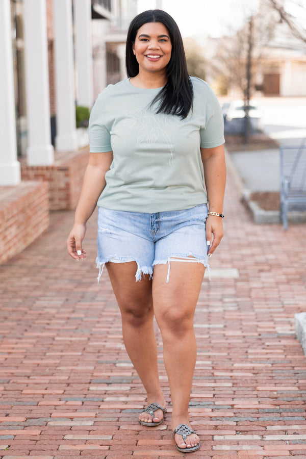 Chic Soul plus size clothing, dusty blue t shirt with palm leaves graphic