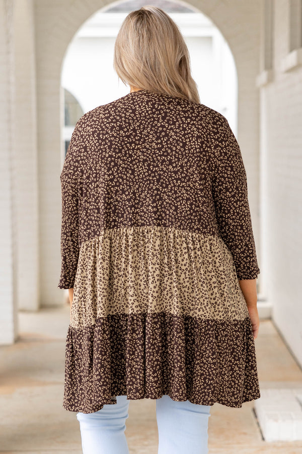Chic Soul plus size clothing, brown cheetah color block three quarter length sleeve kimono cardigan