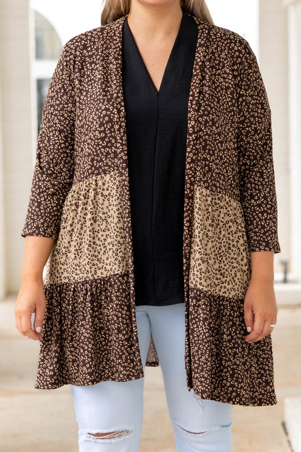 Chic Soul plus size clothing, brown cheetah color block three quarter length sleeve kimono cardigan