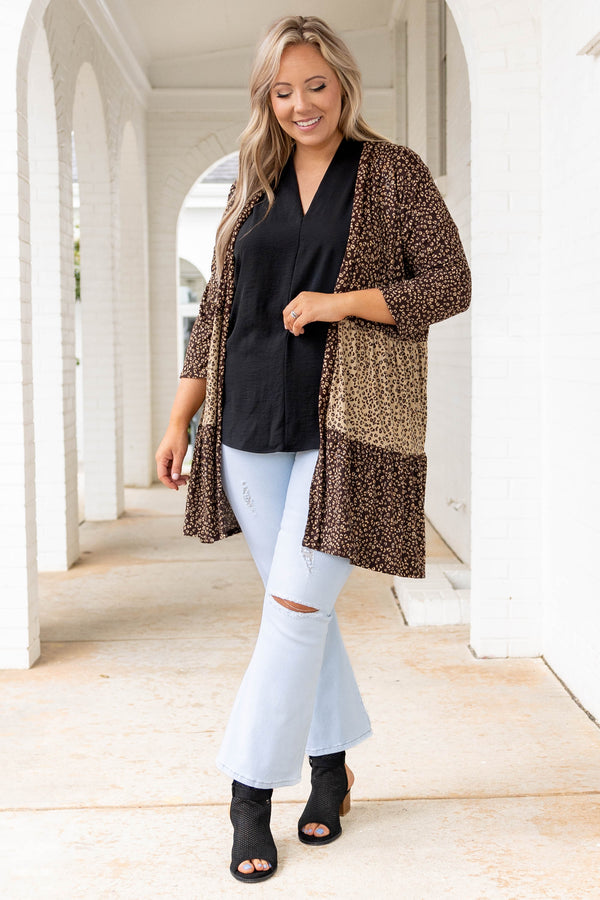 Chic Soul plus size clothing, brown cheetah color block three quarter length sleeve kimono cardigan