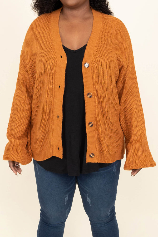 Chic Soul plus size clothing, orange button down cardigan