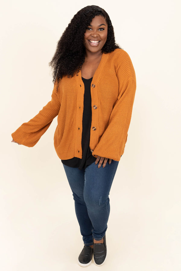 Chic Soul plus size clothing, orange button down cardigan