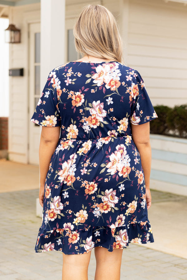 Chic Soul plus size clothing, navy floral mix pattern v neck short sleeve babydoll dress
