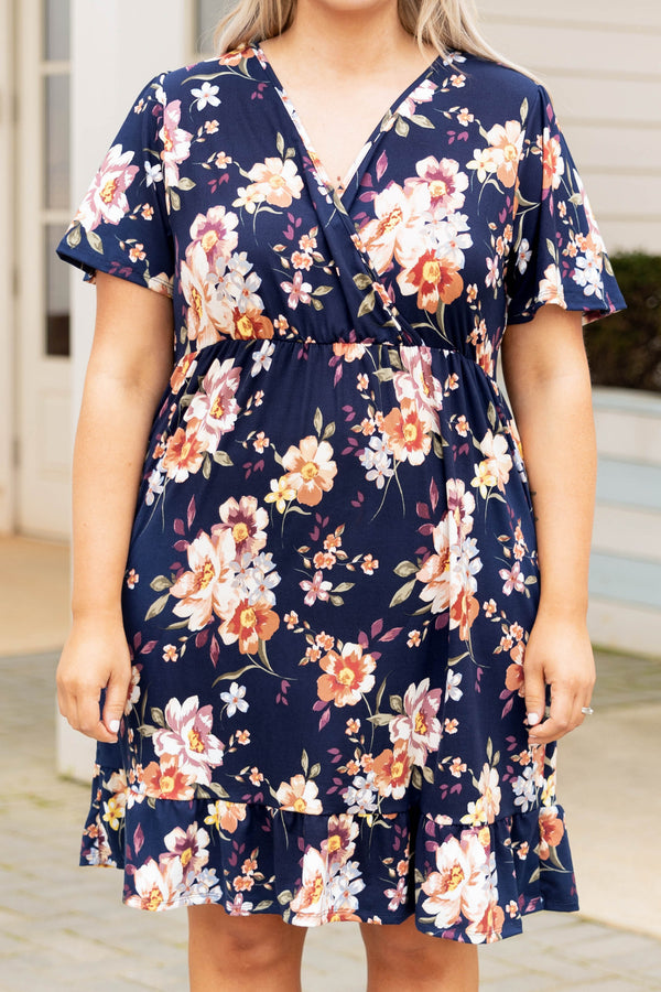 Chic Soul plus size clothing, navy floral mix pattern v neck short sleeve babydoll dress