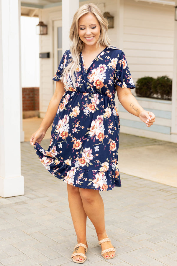 Chic Soul plus size clothing, navy floral mix pattern v neck short sleeve babydoll dress
