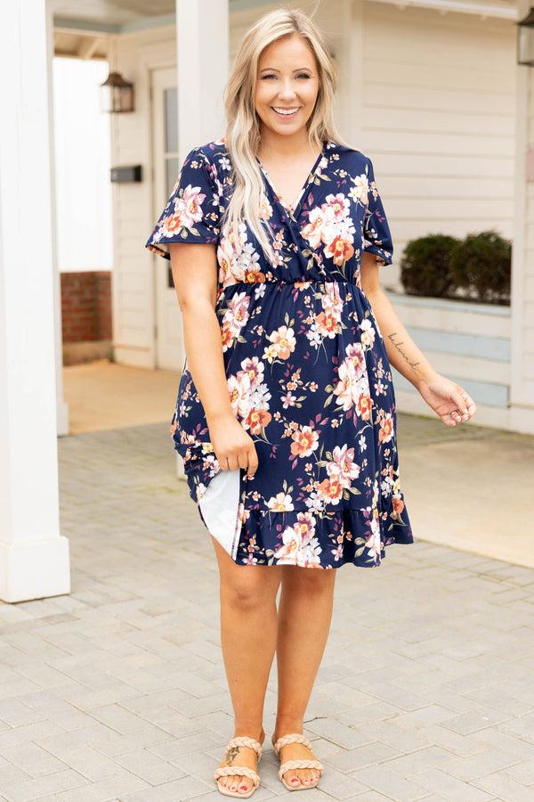 Chic Soul plus size clothing, navy floral mix pattern v neck short sleeve babydoll dress