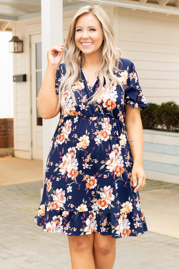 Chic Soul plus size clothing, navy floral mix pattern v neck short sleeve babydoll dress
