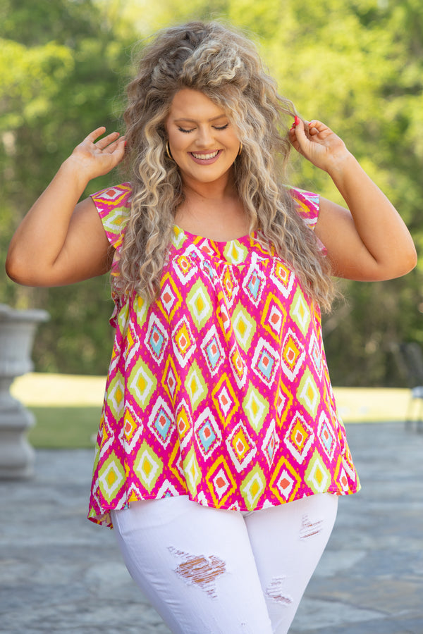 Chic Soul plus size clothing, hot pink diamond shaped pattern flowy top