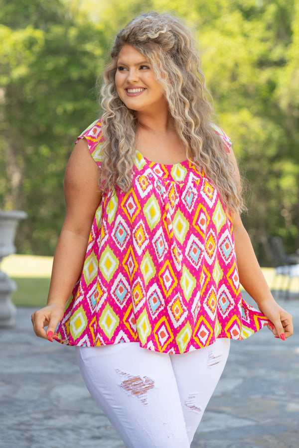 Chic Soul plus size clothing, hot pink diamond shaped pattern flowy top