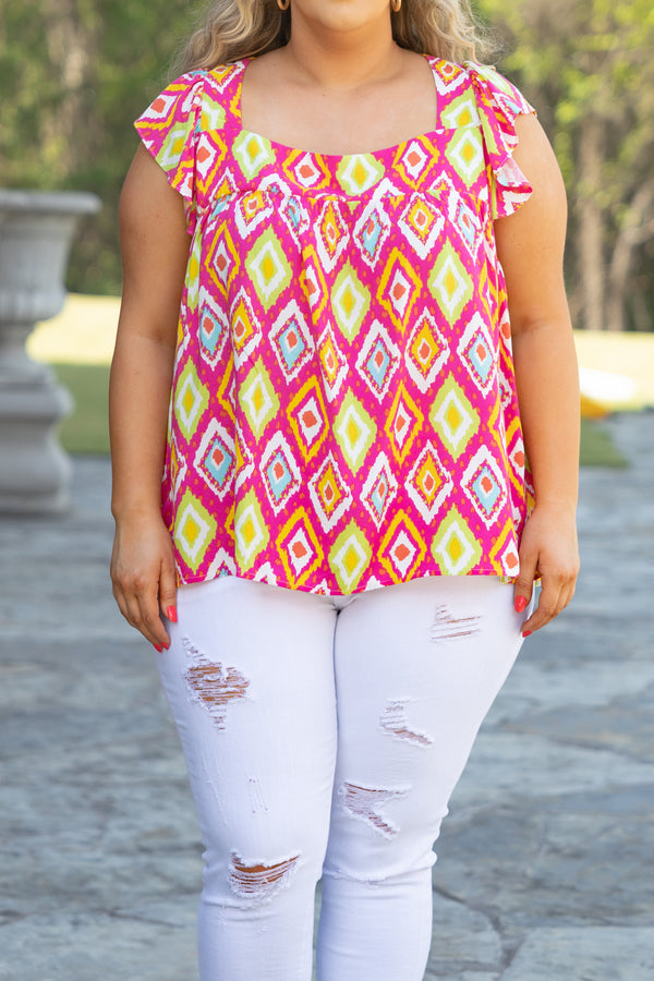 Chic Soul plus size clothing, hot pink diamond shaped pattern flowy top