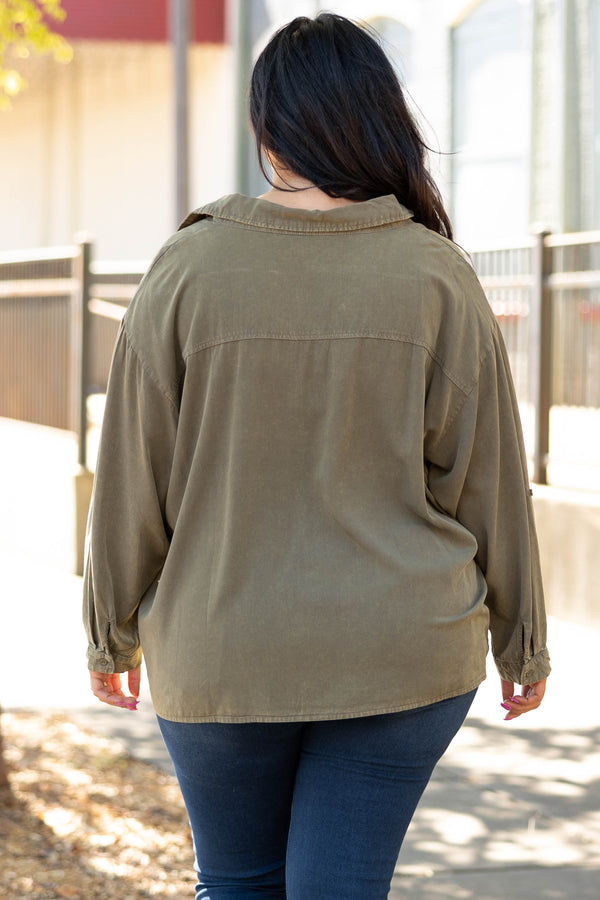 Chic Soul plus size clothing, olive solid long sleeve button up with pockets on chest top