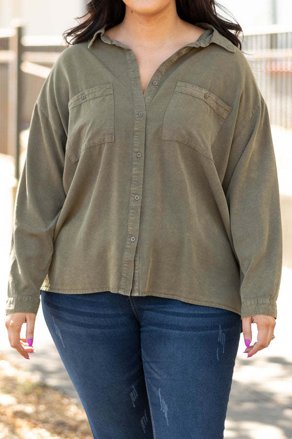 Chic Soul plus size clothing, olive solid long sleeve button up with pockets on chest top