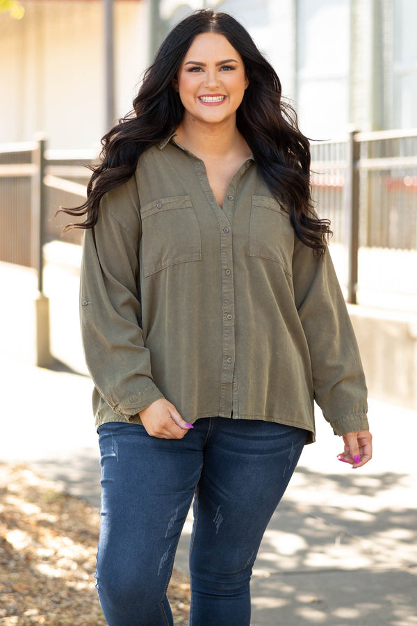Chic Soul plus size clothing, olive solid long sleeve button up with pockets on chest top