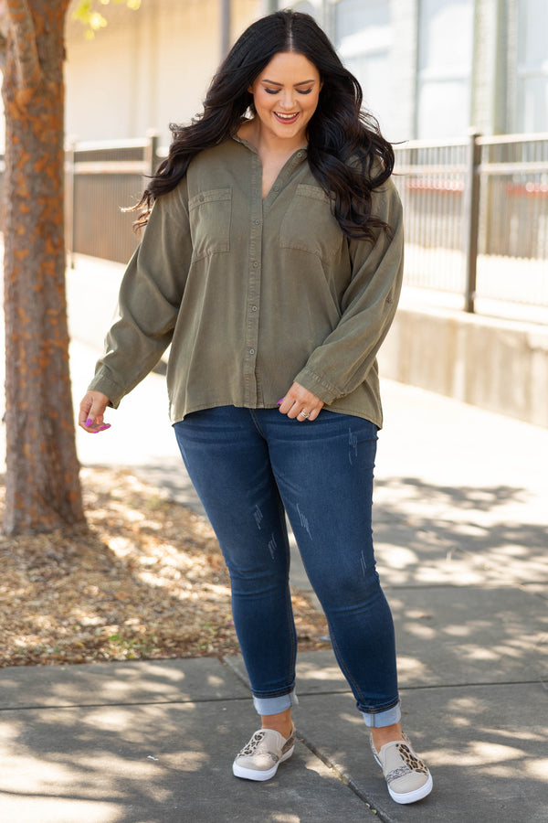 Chic Soul plus size clothing, olive solid long sleeve button up with pockets on chest top